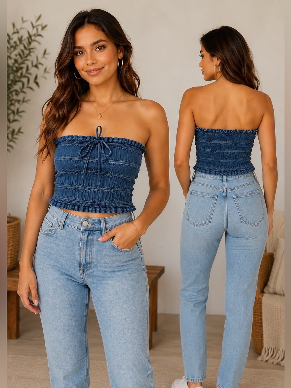 Smocked Strapless Denim Blue Tube Top - Unbranded